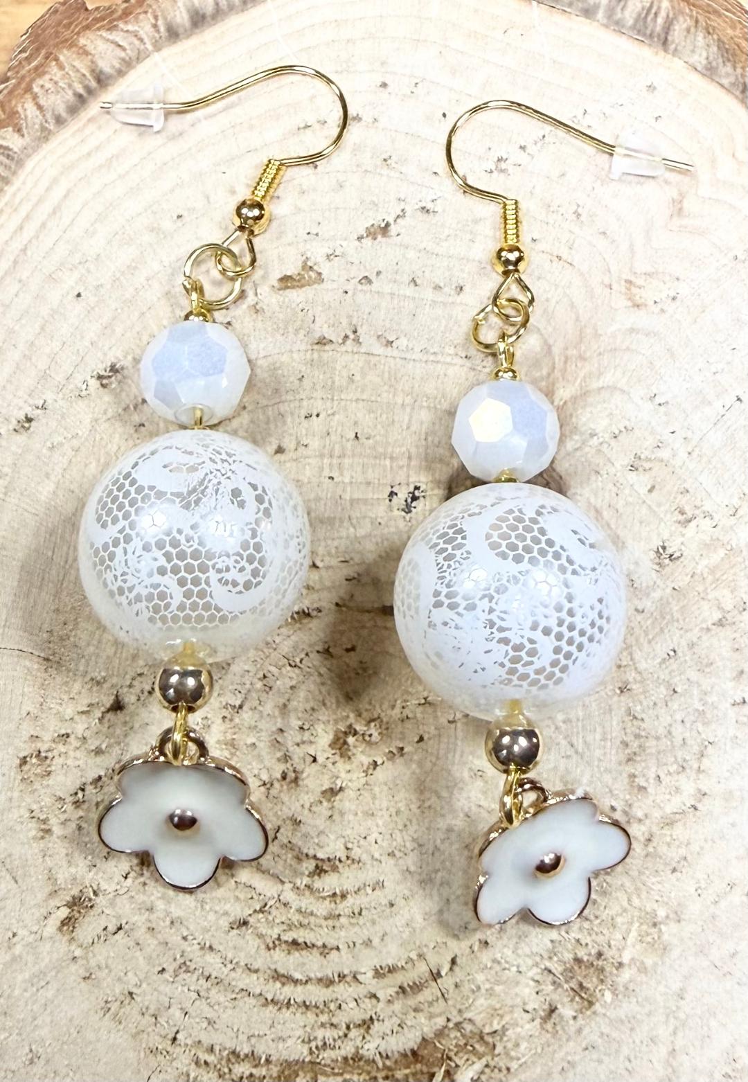 NEW Mod Style Large White Bead w/ Enamel Flower Charm Earrings