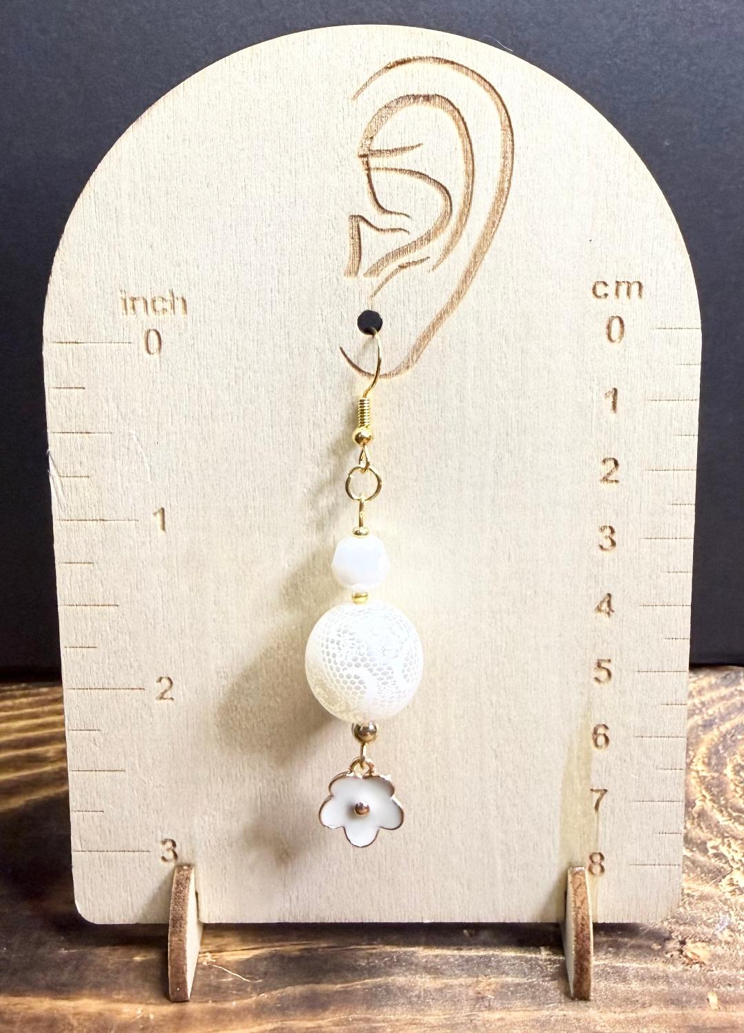 NEW Mod Style Large White Bead w/ Enamel Flower Charm Earrings