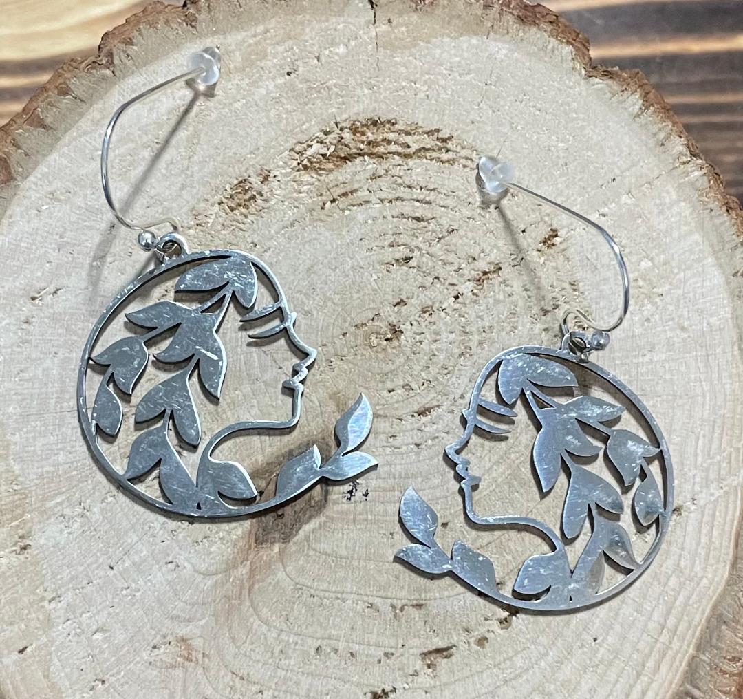 NEW Stainless Steel Lady Face Floral Vine Hair Earrings