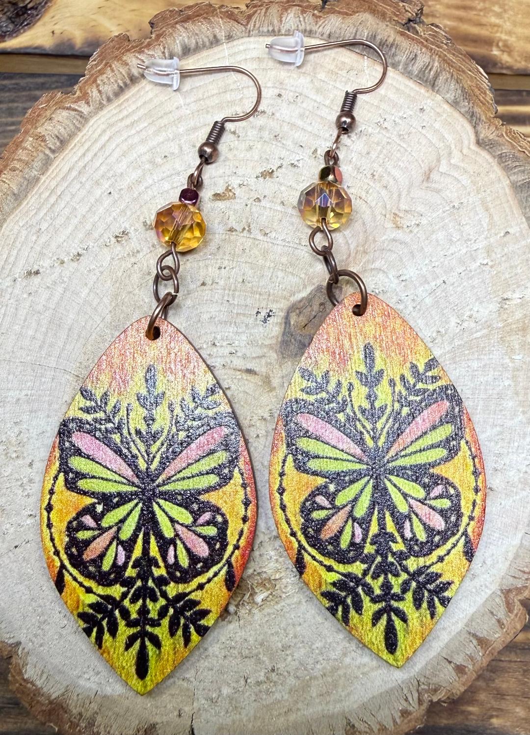 NEW Large Boho Wooden Butterfly Earrings w/ Amber Glass Beads