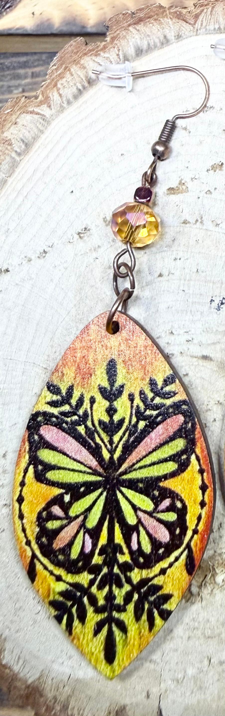 NEW Large Boho Wooden Butterfly Earrings w/ Amber Glass Beads