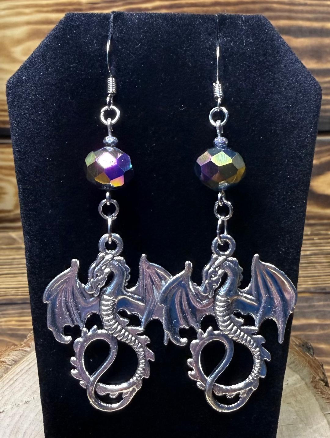 NEW Large Goth Dragon Earrings w/ Iridescent Rainbow Glass Bead