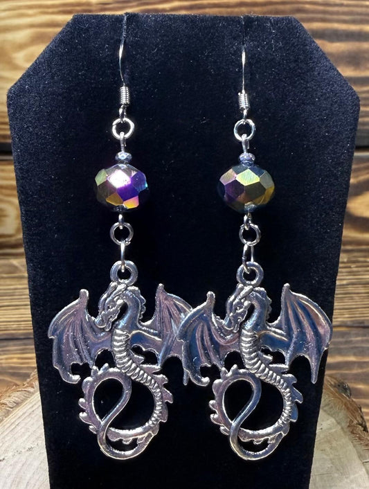 NEW Large Goth Dragon Earrings w/ Iridescent Rainbow Glass Bead