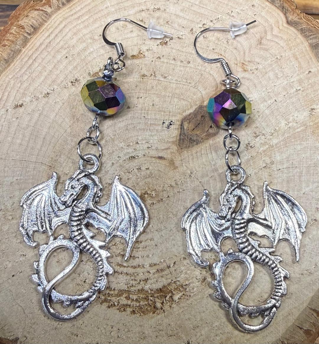 NEW Large Goth Dragon Earrings w/ Iridescent Rainbow Glass Bead