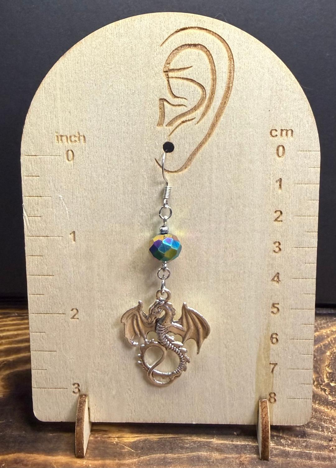 NEW Large Goth Dragon Earrings w/ Iridescent Rainbow Glass Bead