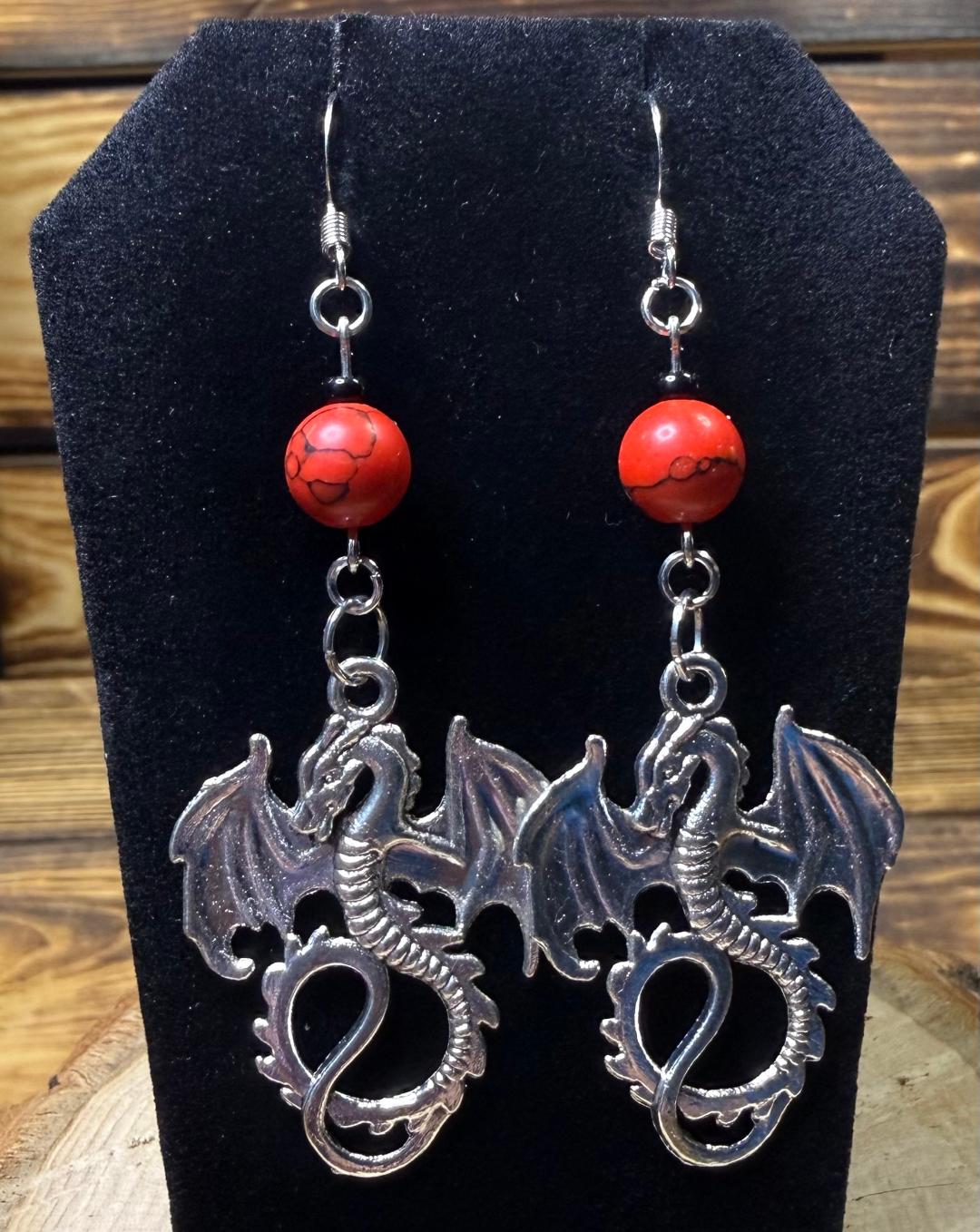 NEW Large Goth Dragon Earrings w/ Red & Black Beads