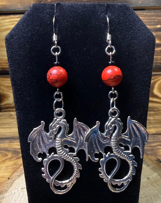 NEW Large Goth Dragon Earrings w/ Red & Black Beads