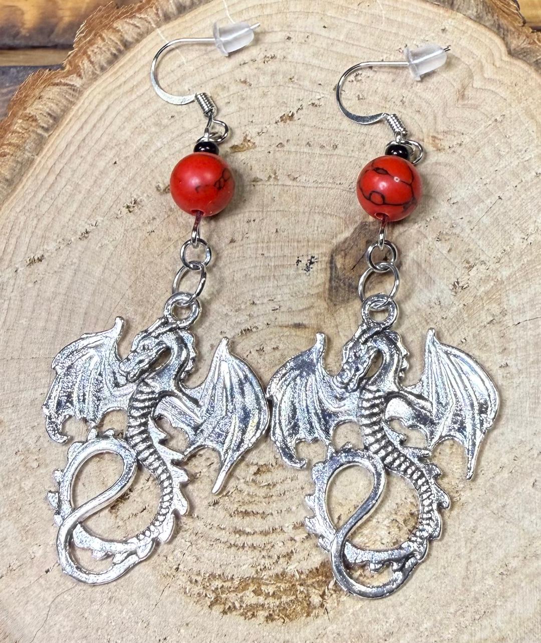 NEW Large Goth Dragon Earrings w/ Red & Black Beads