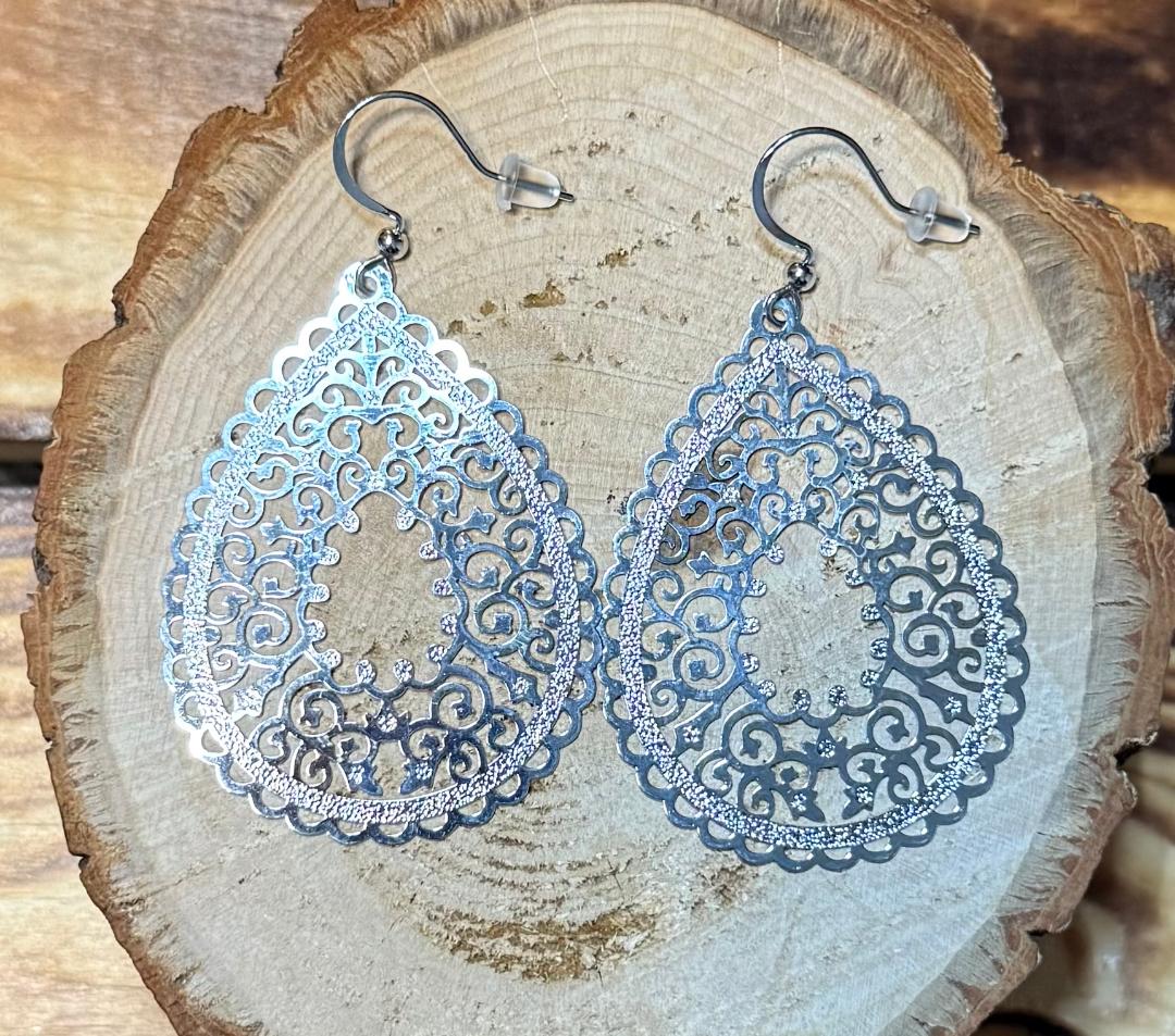 NEW Silver Stainless Steel Ornate Filigree Turkish Teardrop Earrings