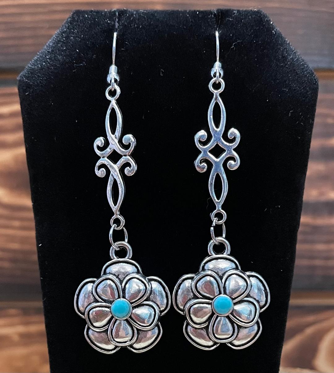 NEW Hippie Boho Silver Tone Flower w/ Turquoise Center Earrings