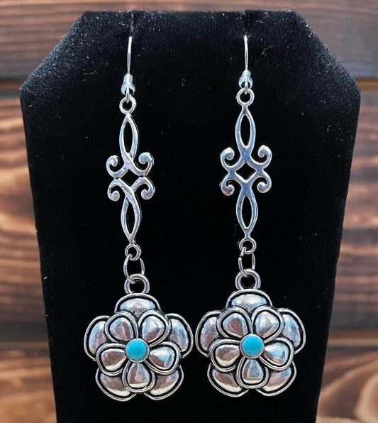 NEW Hippie Boho Silver Tone Flower w/ Turquoise Center Earrings