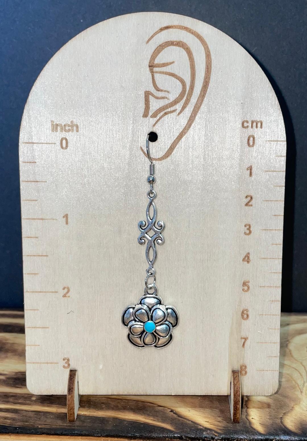 NEW Hippie Boho Silver Tone Flower w/ Turquoise Center Earrings