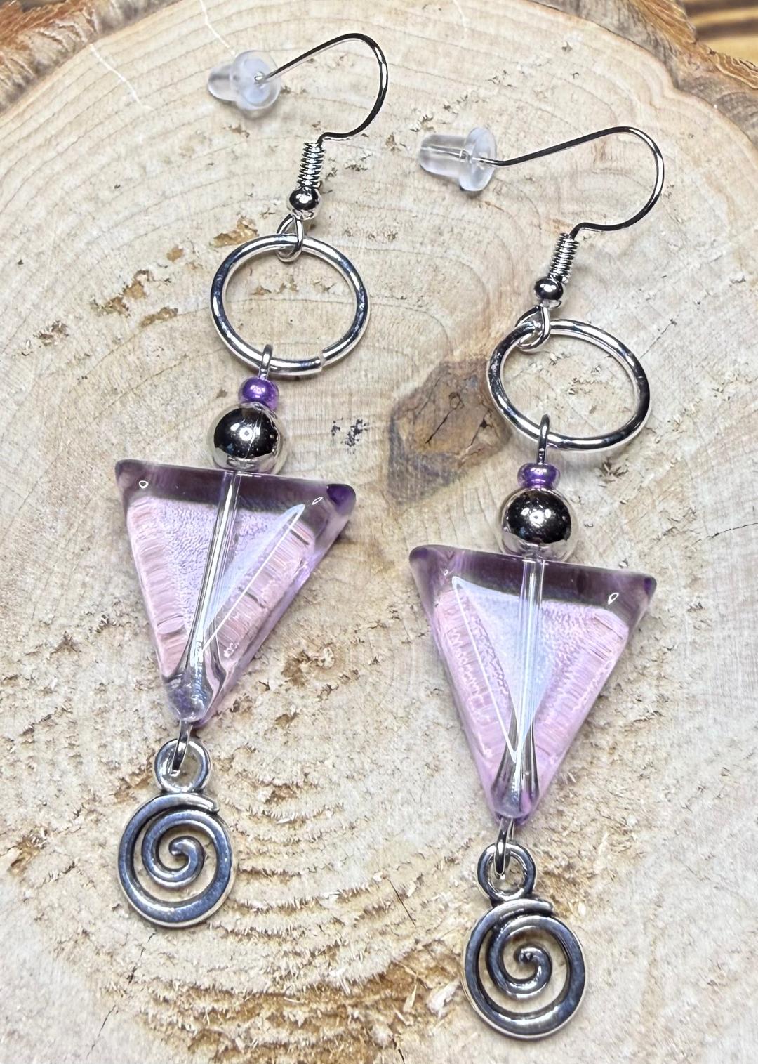 NEW Contemporary Style Purple Glass Triangle Earring w/ Swirl Charms