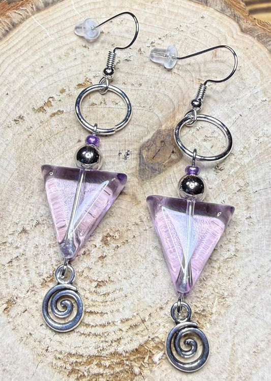 NEW Contemporary Style Purple Glass Triangle Earring w/ Swirl Charms