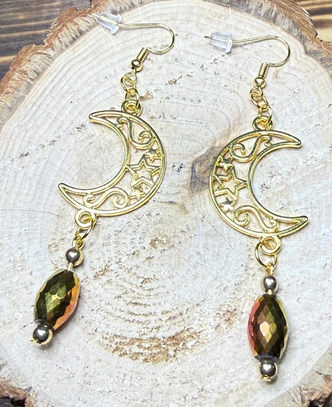 NEW Filigree Crescent Moon Charm Earrings w/ Oval Faceted Plated Glass Beads