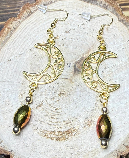 NEW Filigree Crescent Moon Charm Earrings w/ Oval Faceted Plated Glass Beads