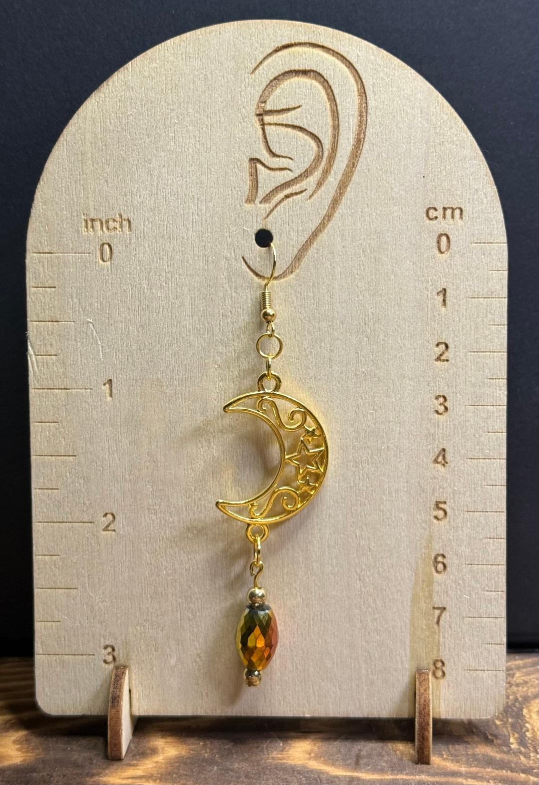 NEW Filigree Crescent Moon Charm Earrings w/ Oval Faceted Plated Glass Beads