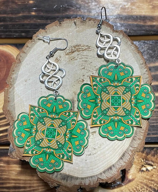 NEW Large Green Elaborate Mandala Acrylic Earrings