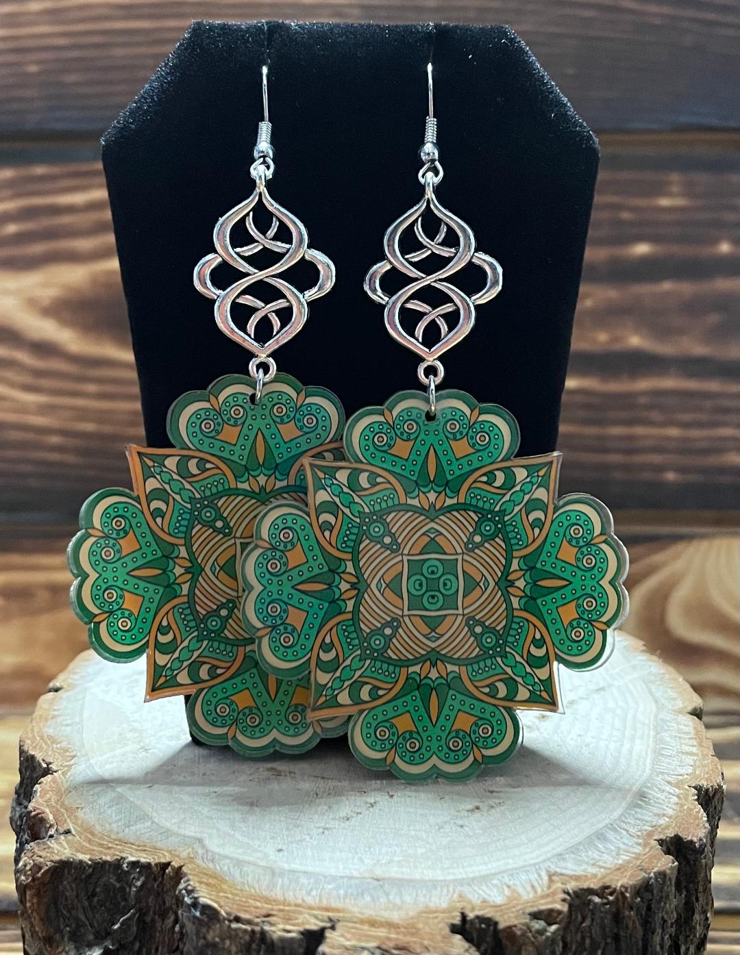 NEW Large Green Elaborate Mandala Acrylic Earrings