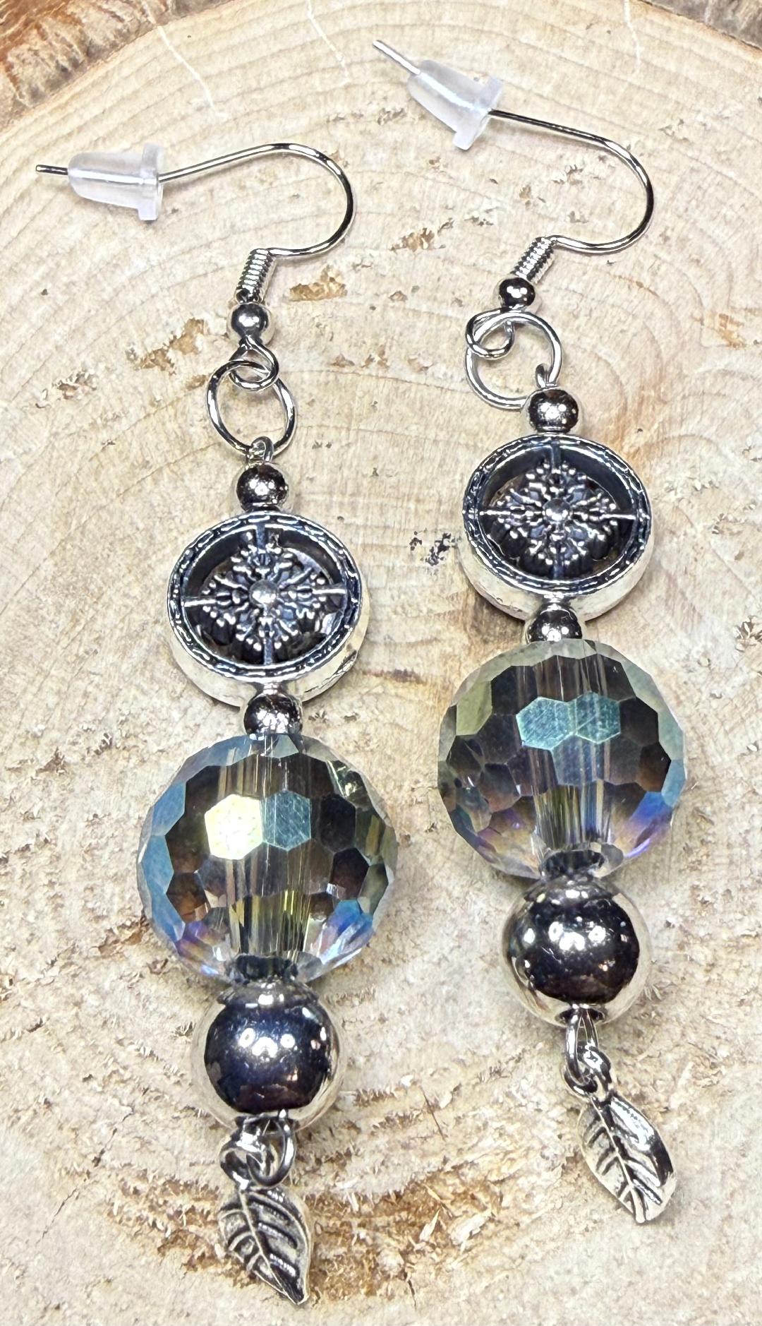 NEW Large Iridescent Glass Ball Earrings w/ Small Leaves