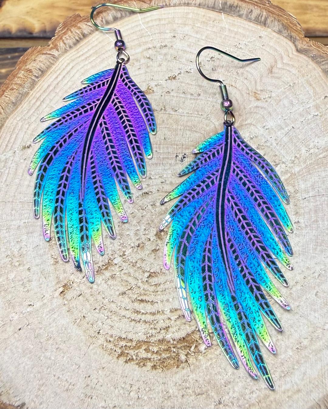NEW Large Stainless Steel Iridescent Rainbow Leaf / Feather Earrings