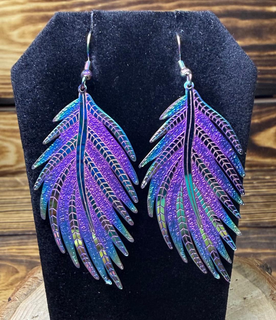 NEW Large Stainless Steel Iridescent Rainbow Leaf / Feather Earrings
