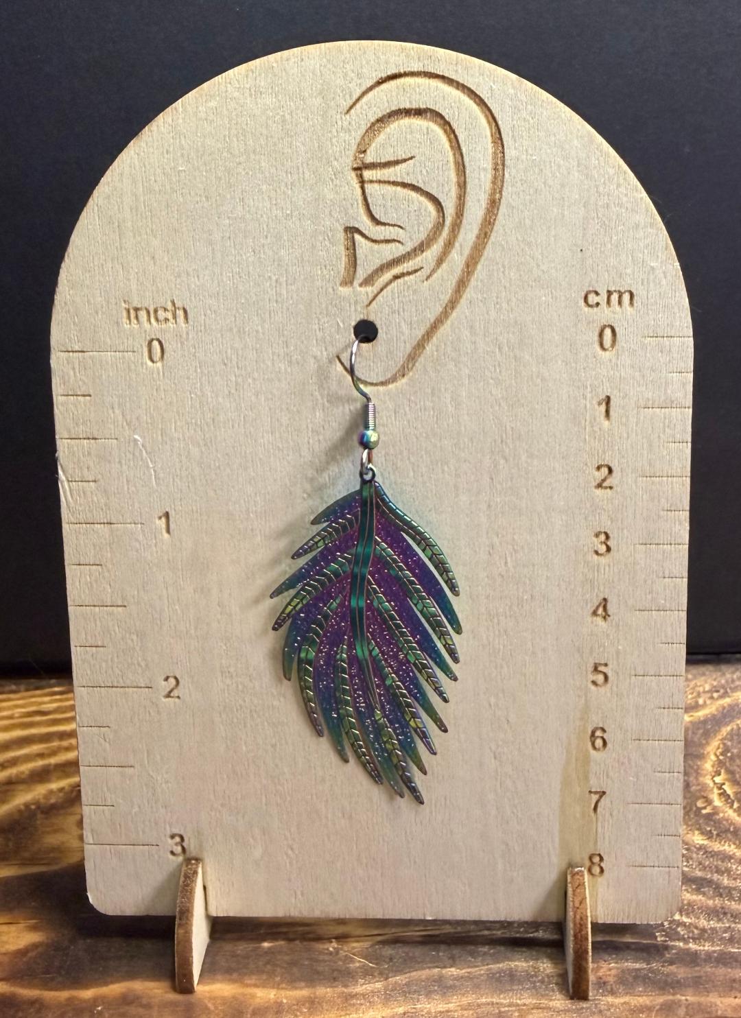 NEW Large Stainless Steel Iridescent Rainbow Leaf / Feather Earrings