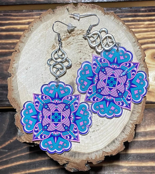 NEW Large Purple & Blue Elaborate Mandala Earrings