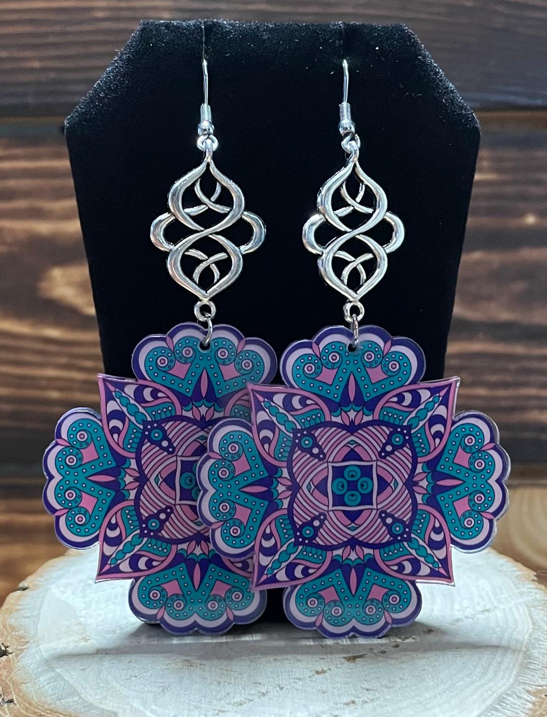 NEW Large Purple & Blue Elaborate Mandala Earrings