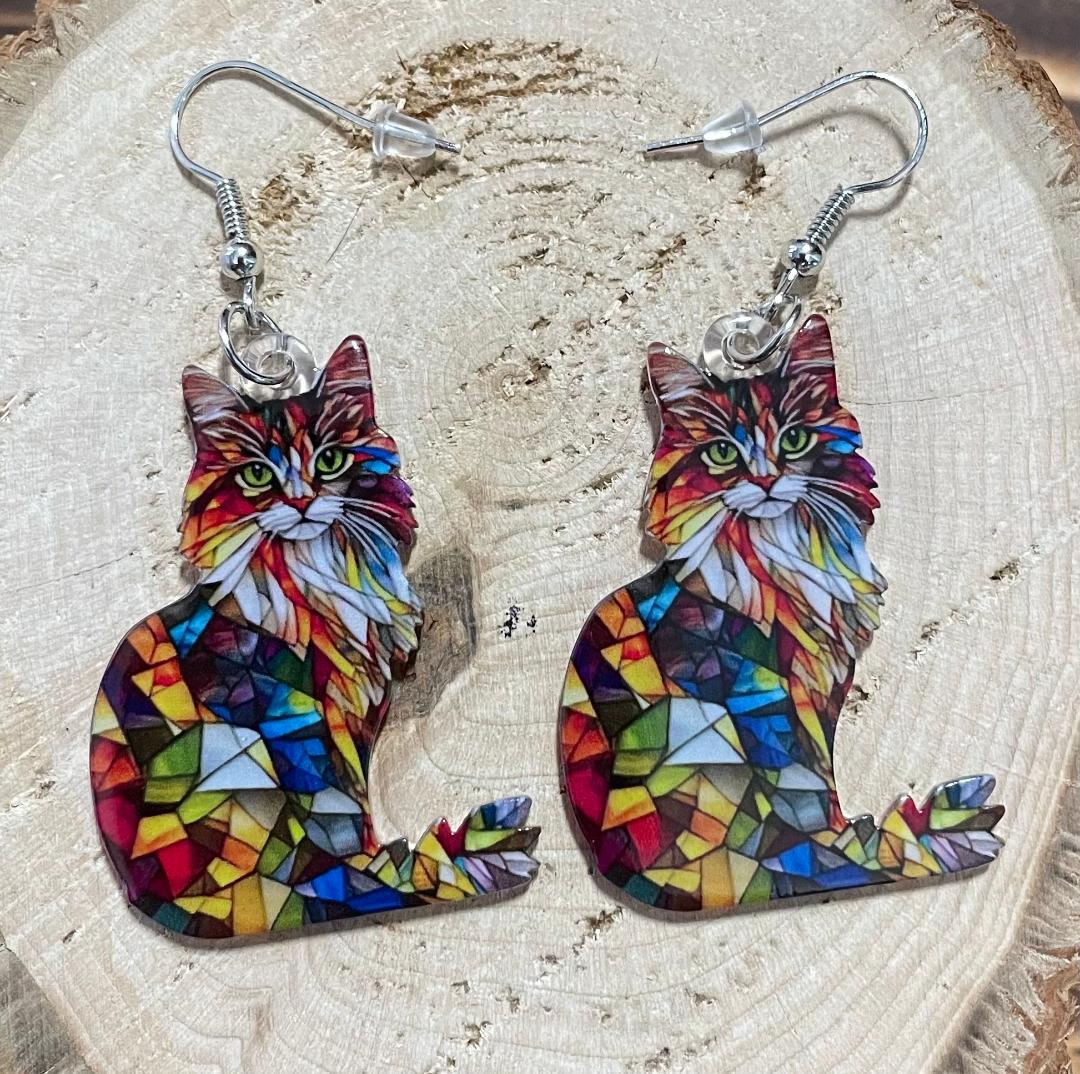 NEW Vibrant Calico Stained Glass Style Cat Earrings