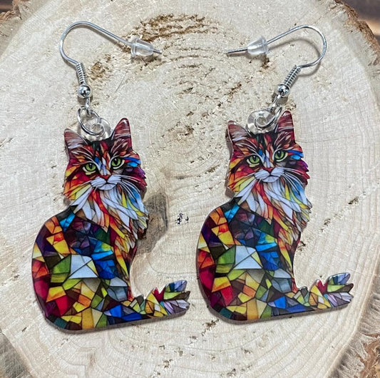 NEW Vibrant Calico Stained Glass Style Cat Earrings