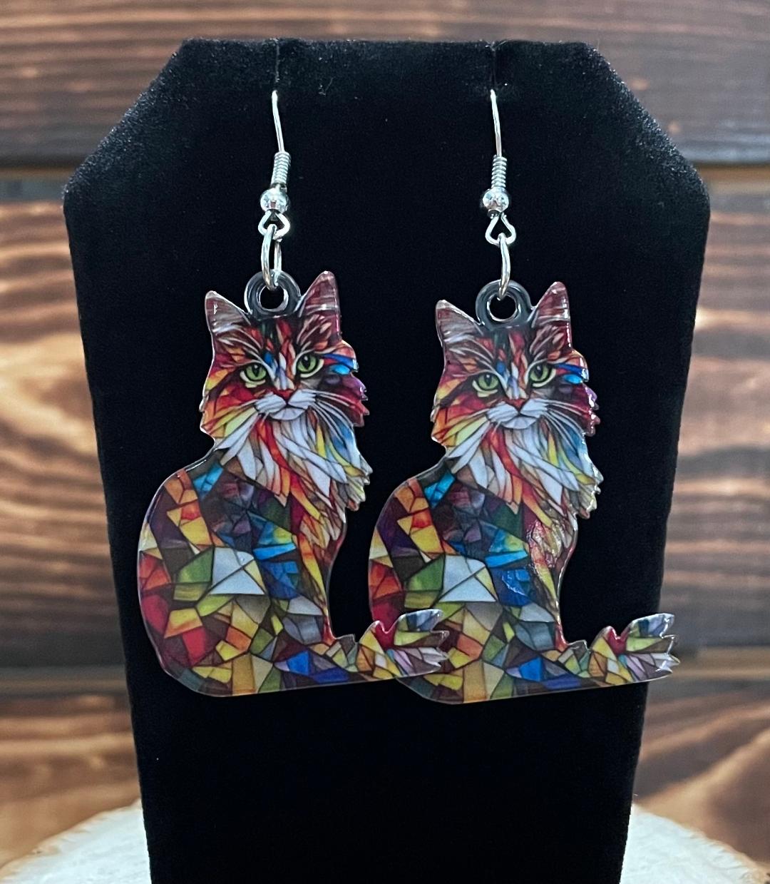 NEW Vibrant Calico Stained Glass Style Cat Earrings