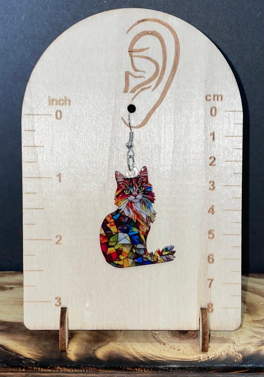 NEW Vibrant Calico Stained Glass Style Cat Earrings