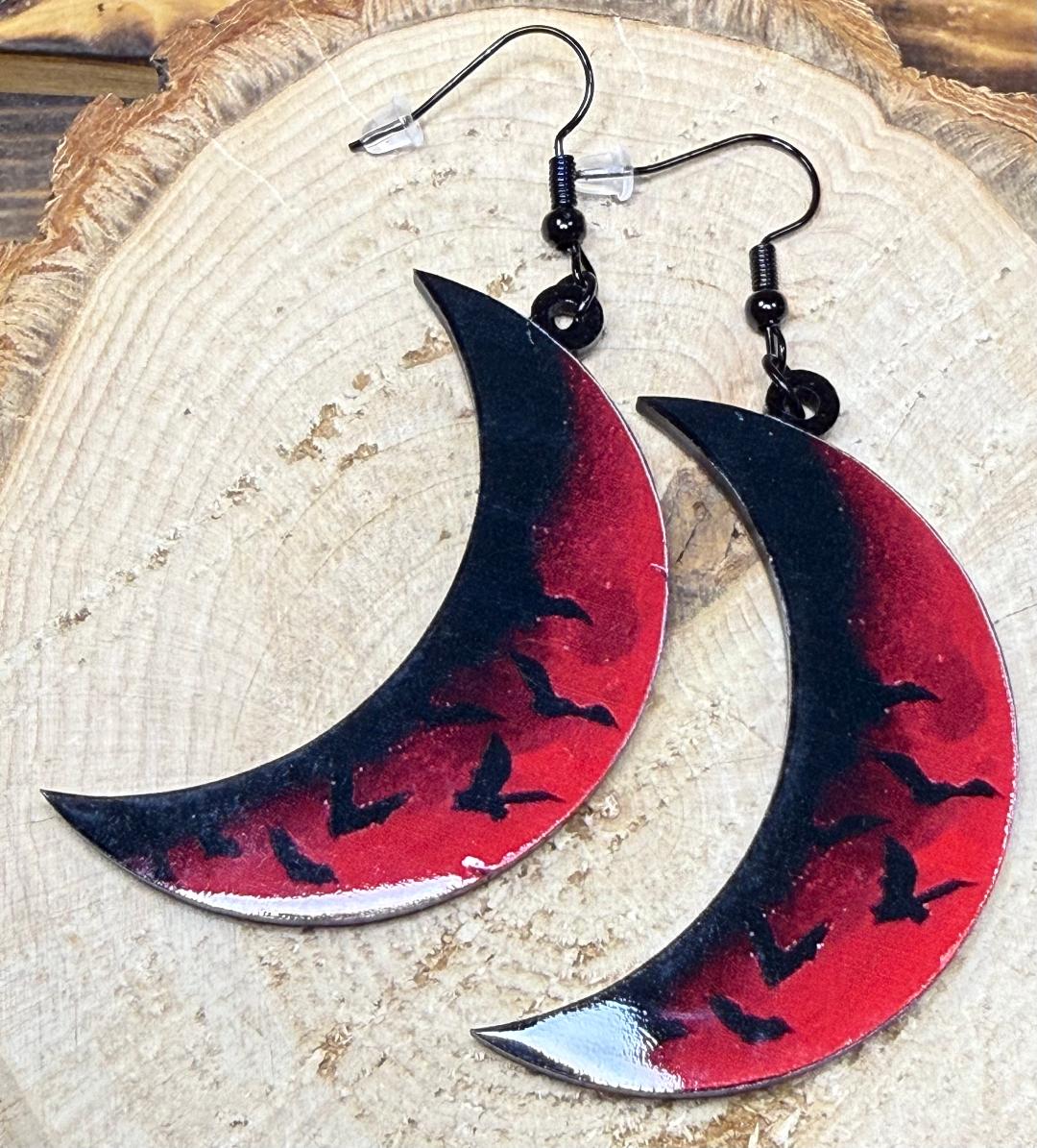 NEW Halloween Large Acrylic Black & Red Crescent Moon Earrings w/ Bats