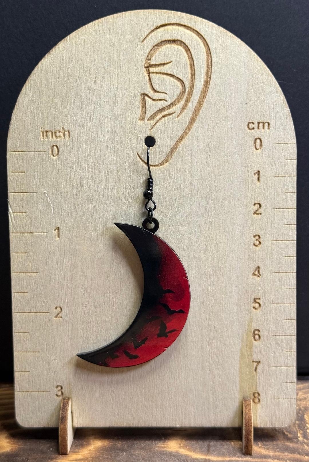 NEW Halloween Large Acrylic Black & Red Crescent Moon Earrings w/ Bats