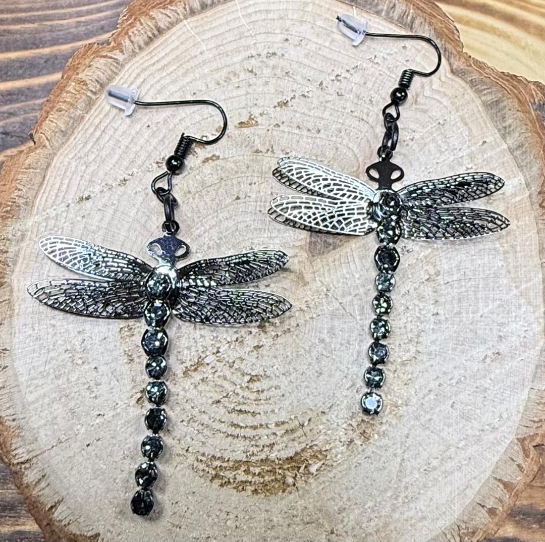 NEW Large Dark Gray Dragonfly Earrings w/ Rhinestone Tail