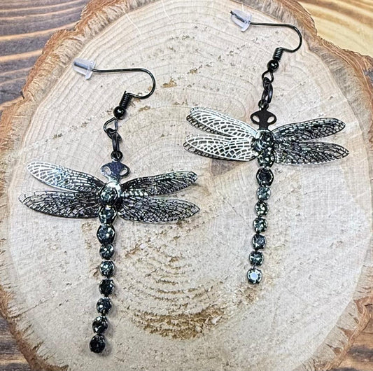 NEW Large Dark Gray Dragonfly Earrings w/ Rhinestone Tail