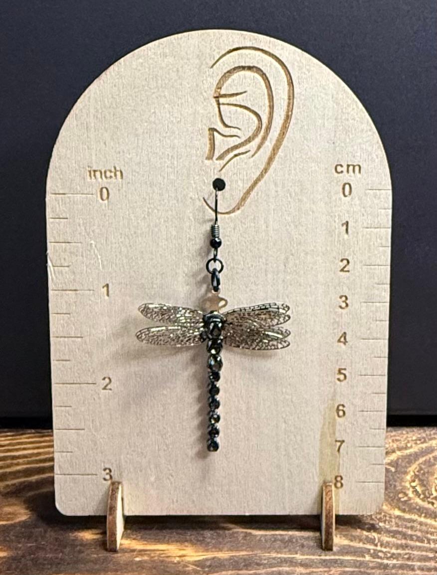 NEW Large Dark Gray Dragonfly Earrings w/ Rhinestone Tail