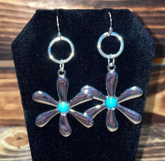 NEW Hand Assembled Large Silver Petal Flower Hippie Dangle Drop Earrings