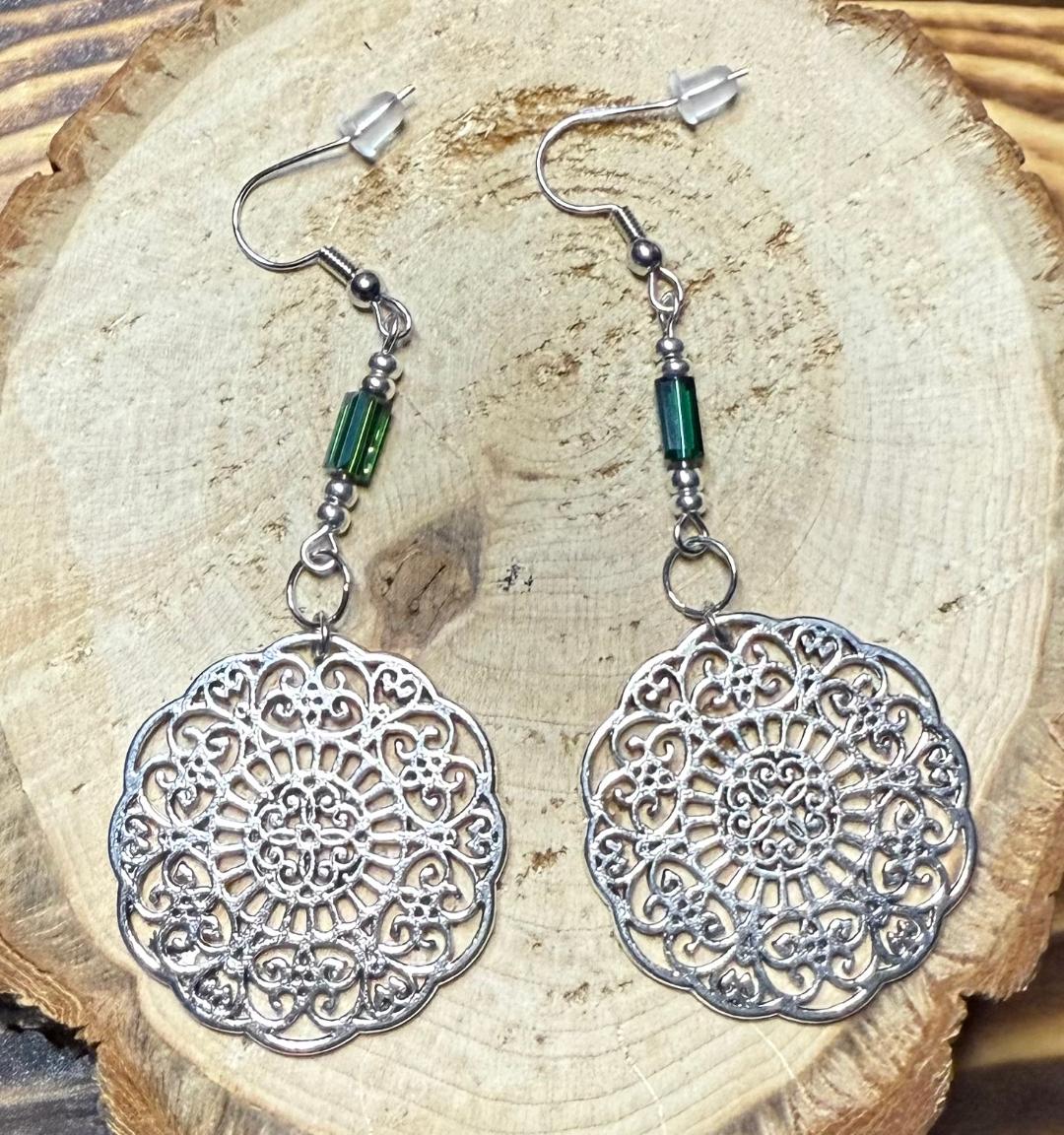 NEW Large Mandala Charm Earrings w/ Green Glass Tube Bead