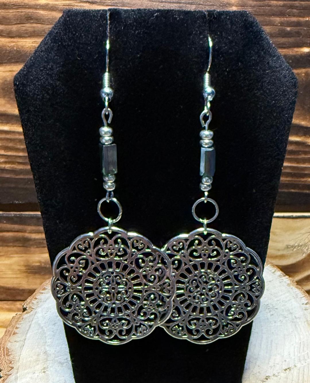 NEW Large Mandala Charm Earrings w/ Green Glass Tube Bead