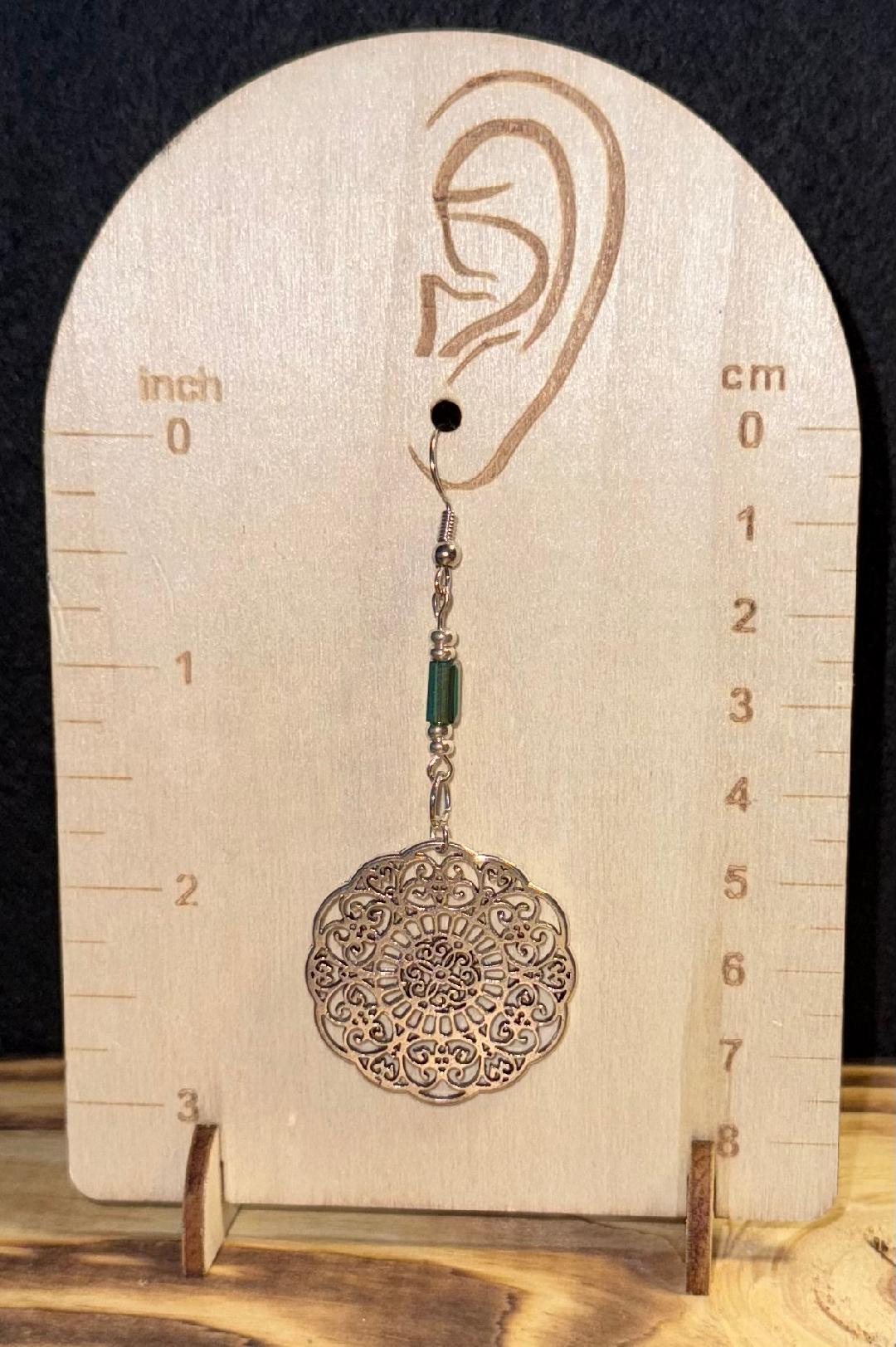 NEW Large Mandala Charm Earrings w/ Green Glass Tube Bead