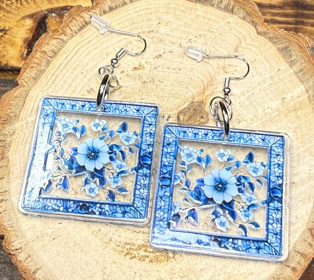 NEW Large Floral Square Acrylic Country Chic Earrings