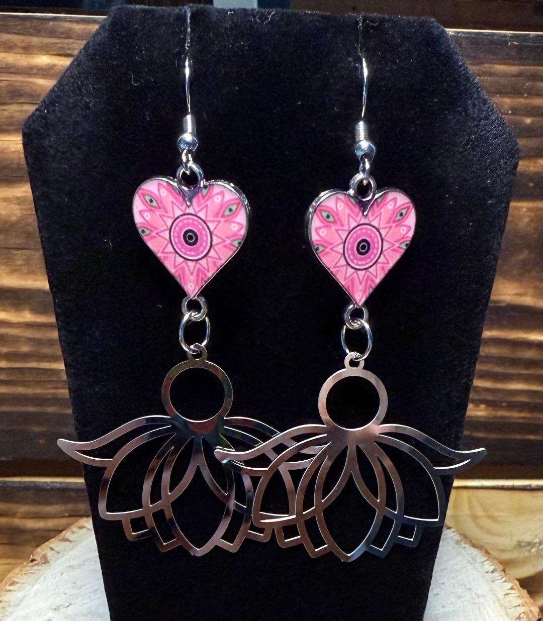 NEW Stainless Steel Enamel Lotus Charm Earrings w/ Pink Enamel Heart