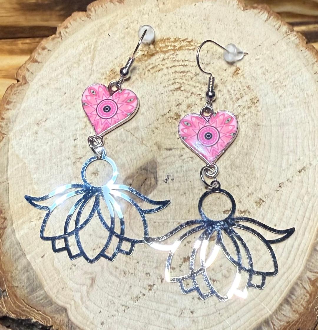 NEW Stainless Steel Enamel Lotus Charm Earrings w/ Pink Enamel Heart