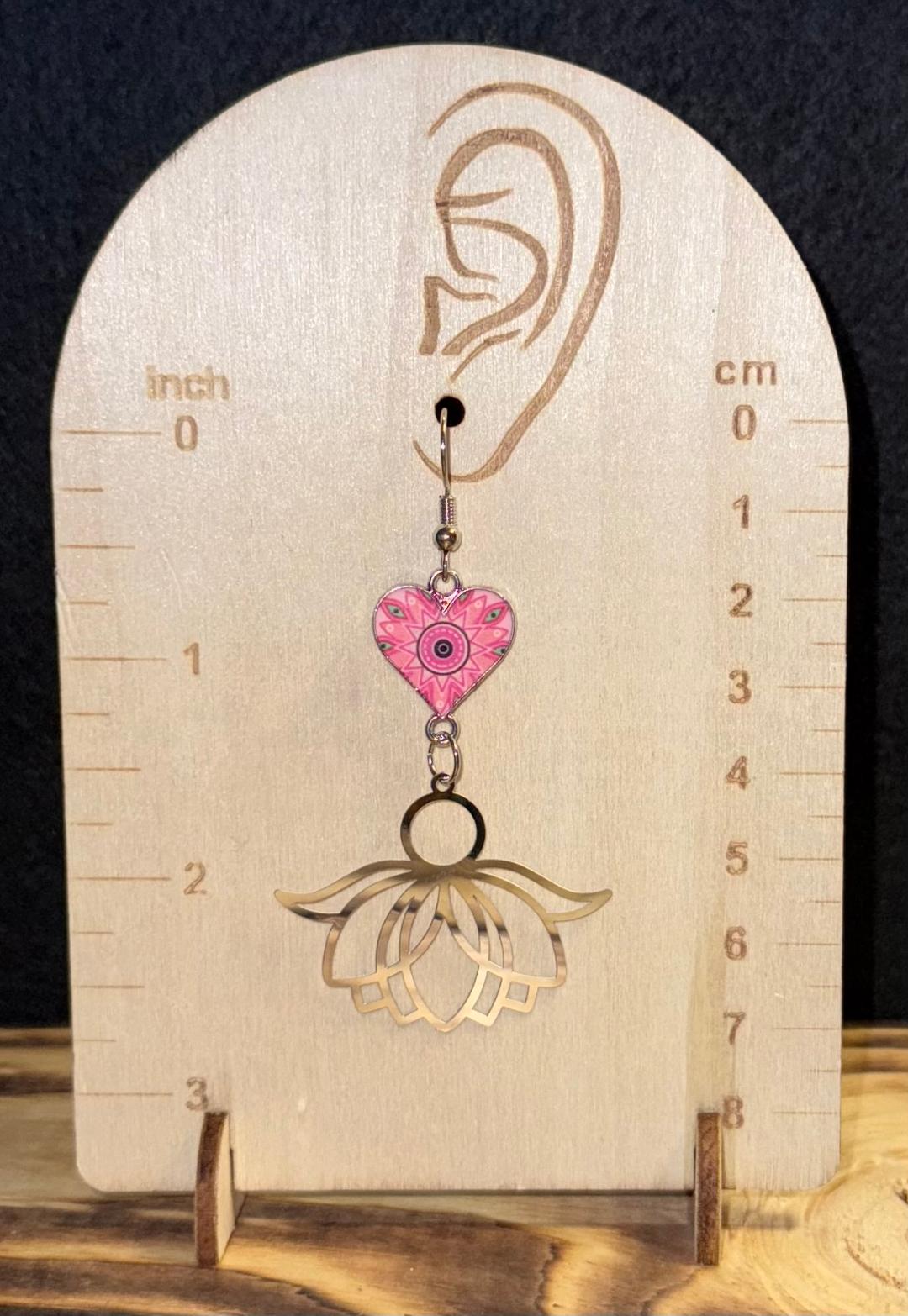 NEW Stainless Steel Enamel Lotus Charm Earrings w/ Pink Enamel Heart