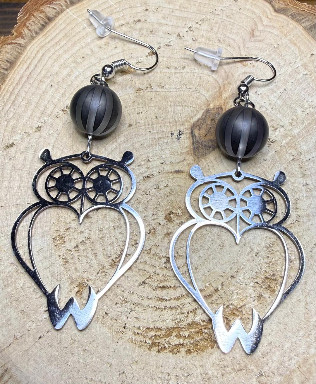 NEW Large Stainless Steel Owl Charm Earrings w/ Striped Glass Beads