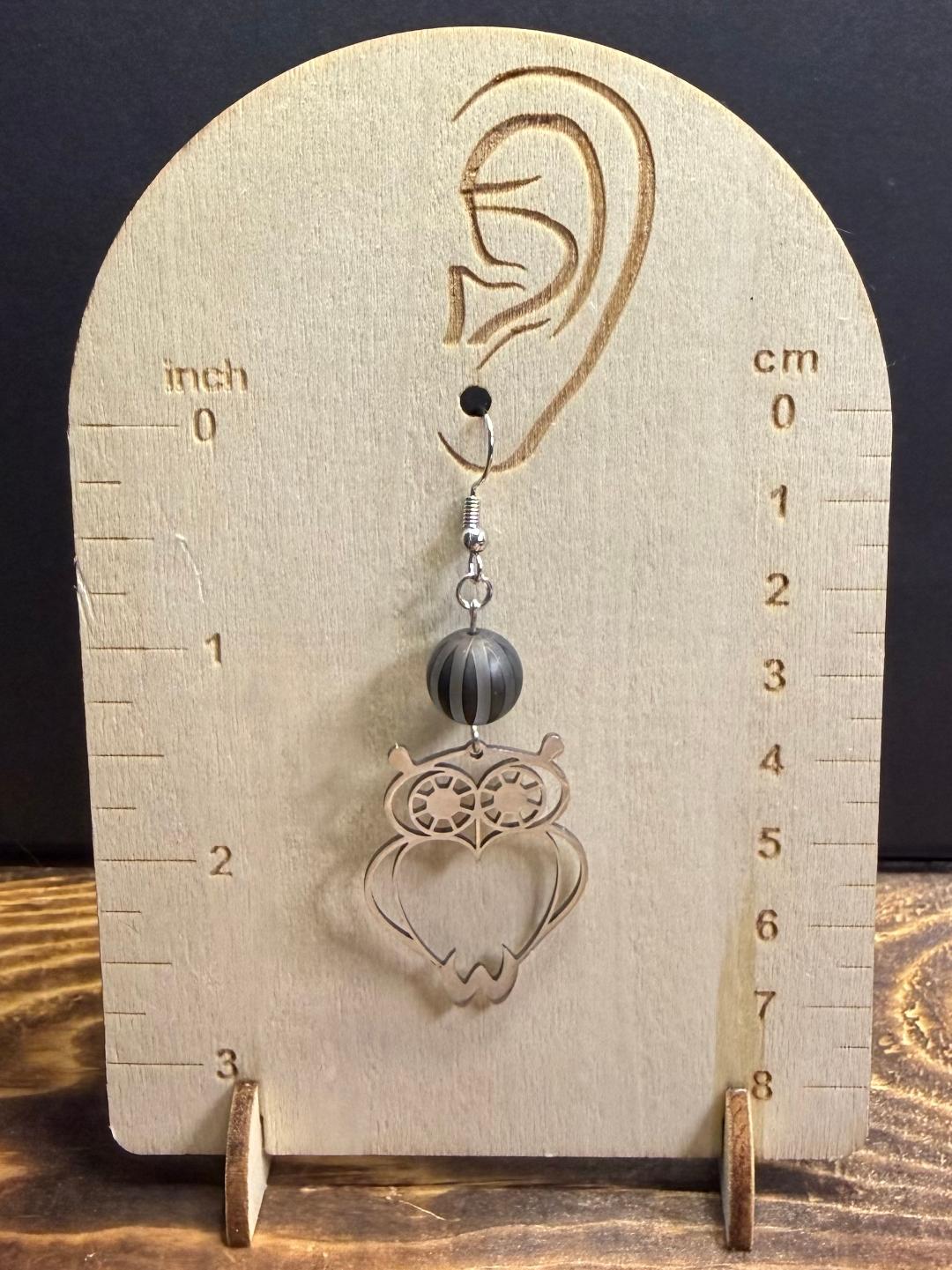 NEW Large Stainless Steel Owl Charm Earrings w/ Striped Glass Beads