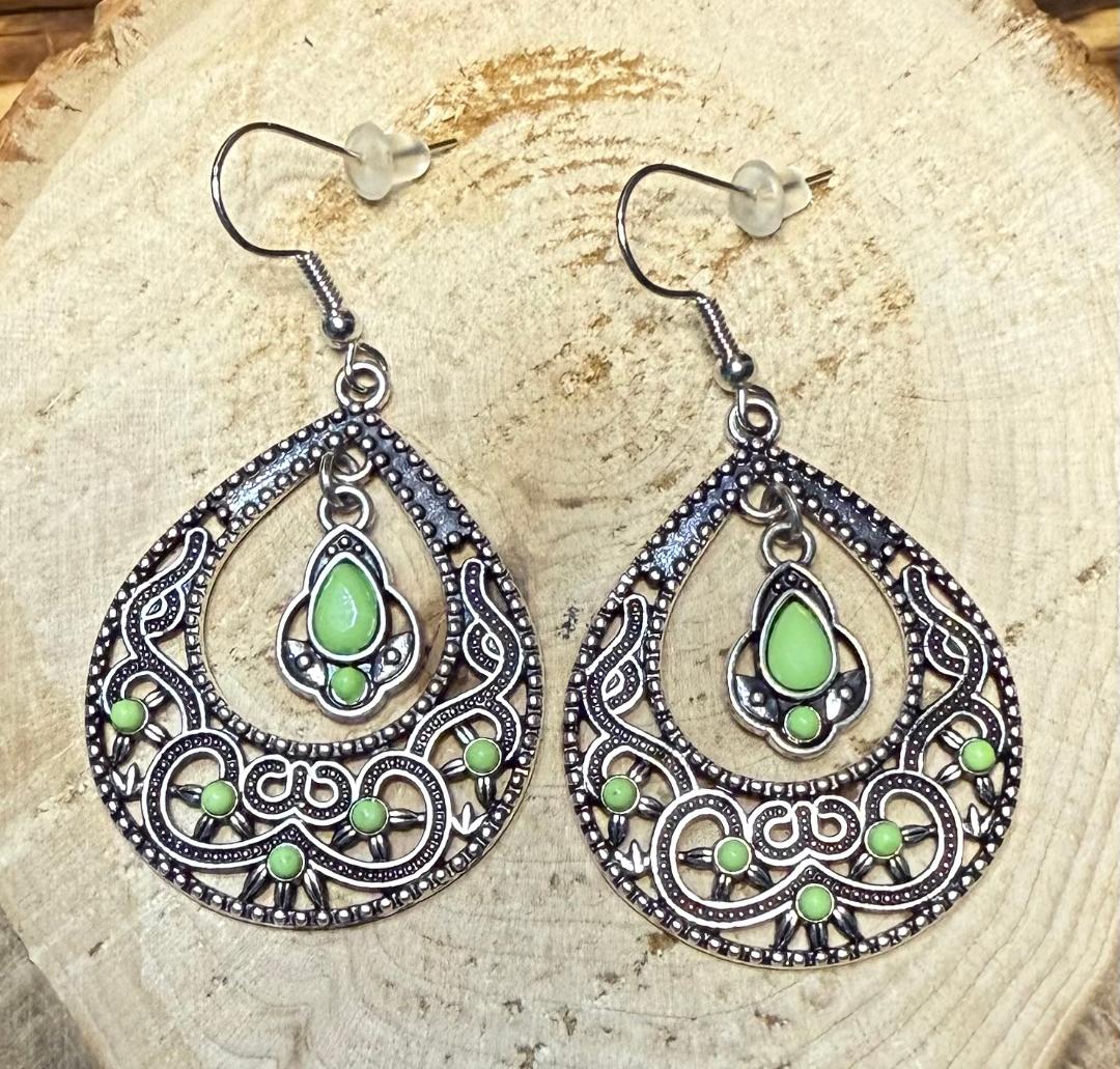 NEW Boho Chic Elaborate Metal Teardrop Earrings w/ Green Gems