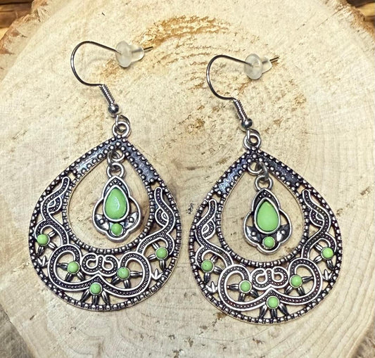 NEW Boho Chic Elaborate Metal Teardrop Earrings w/ Green Gems